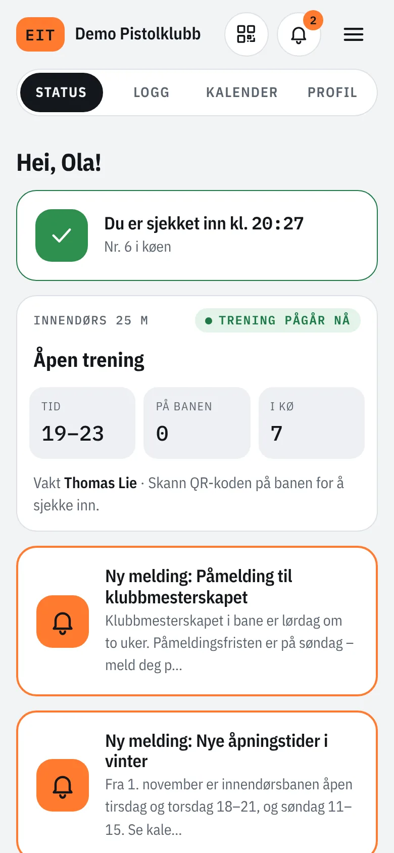 Forsiden i lyst tema med banestatus og nye meldinger