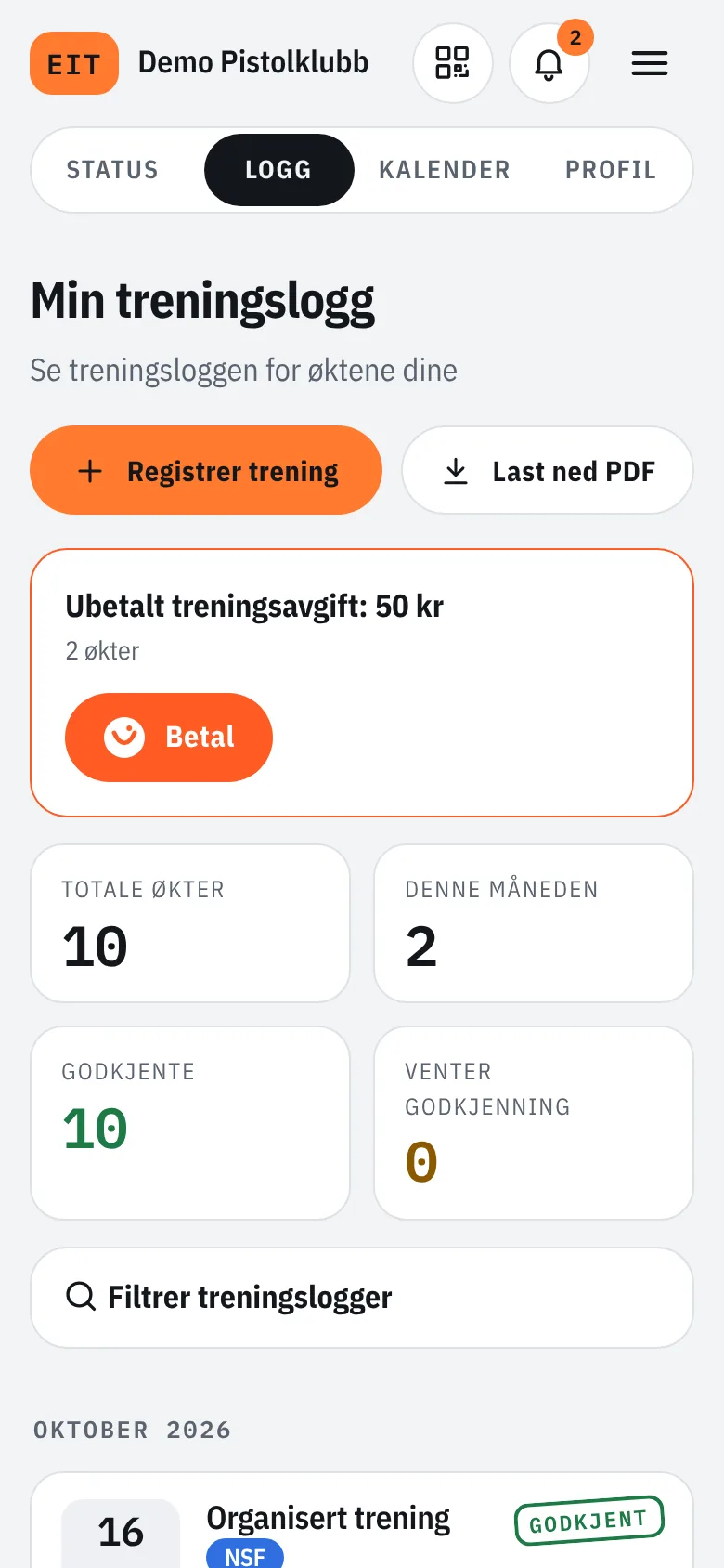 Min treningslogg med statistikk og godkjente økter