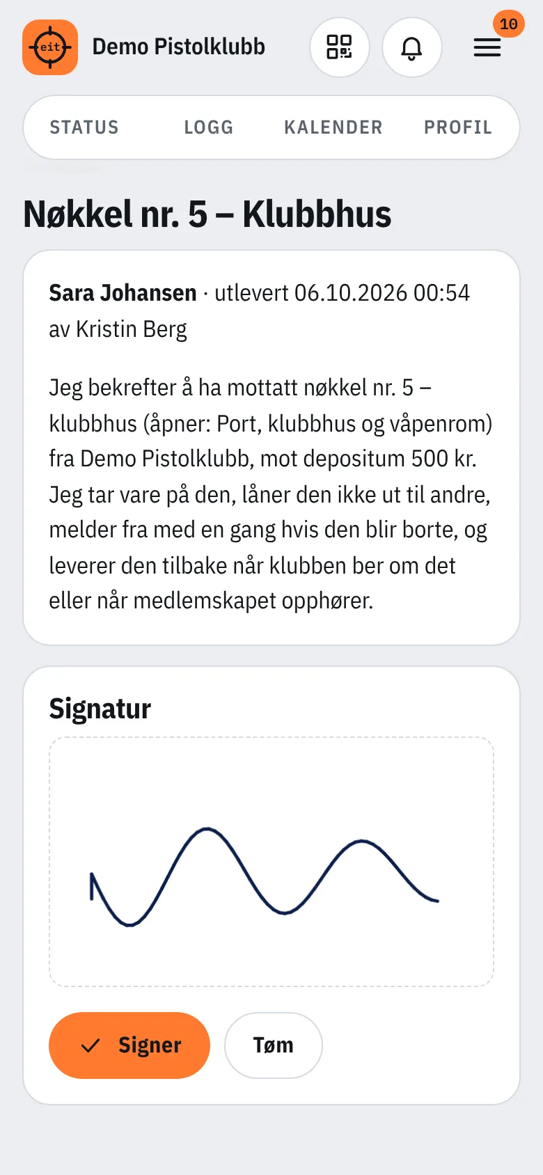 Signatur for utlevert nøkkel