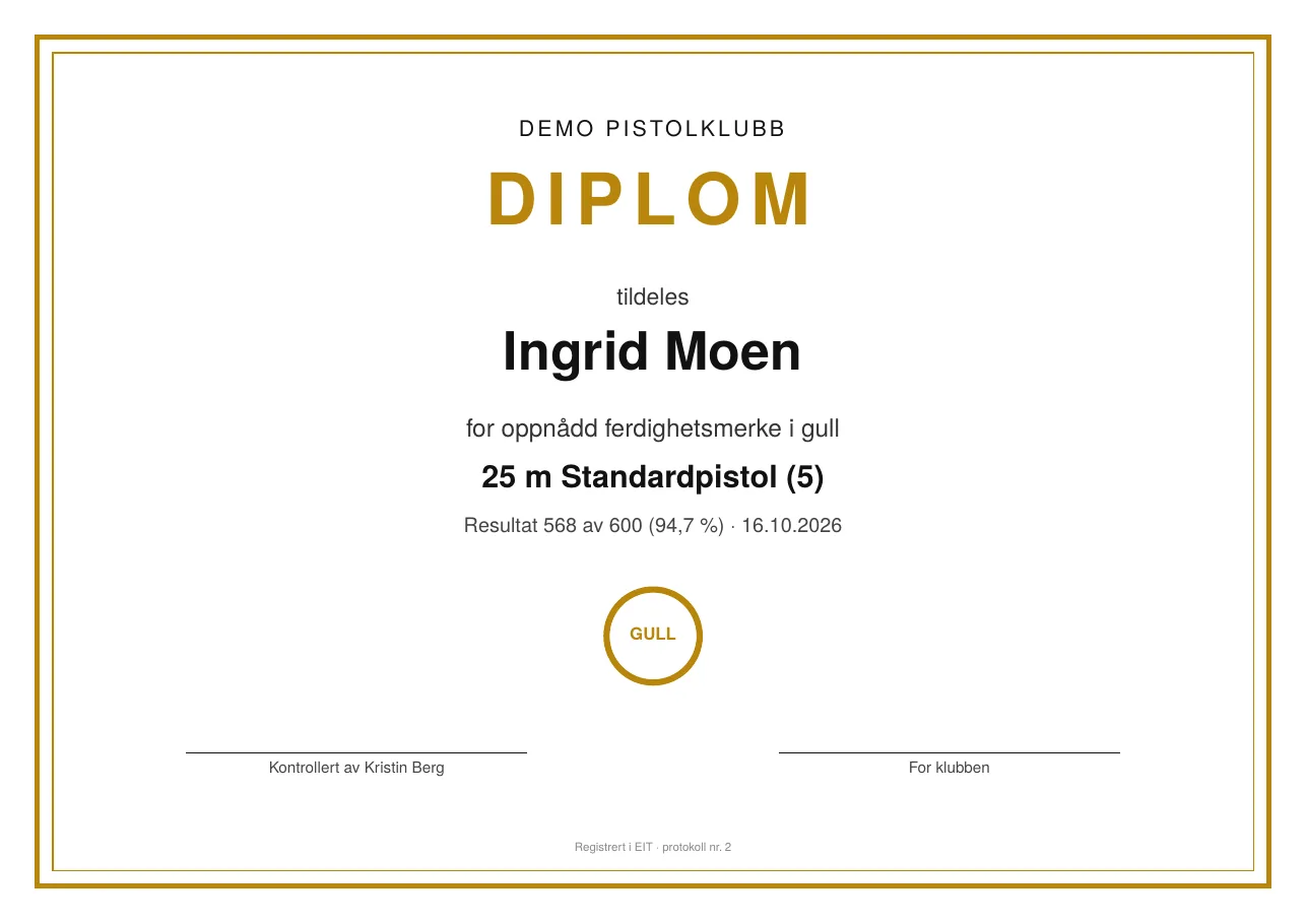 Diplom for ferdighetsmerke i gull